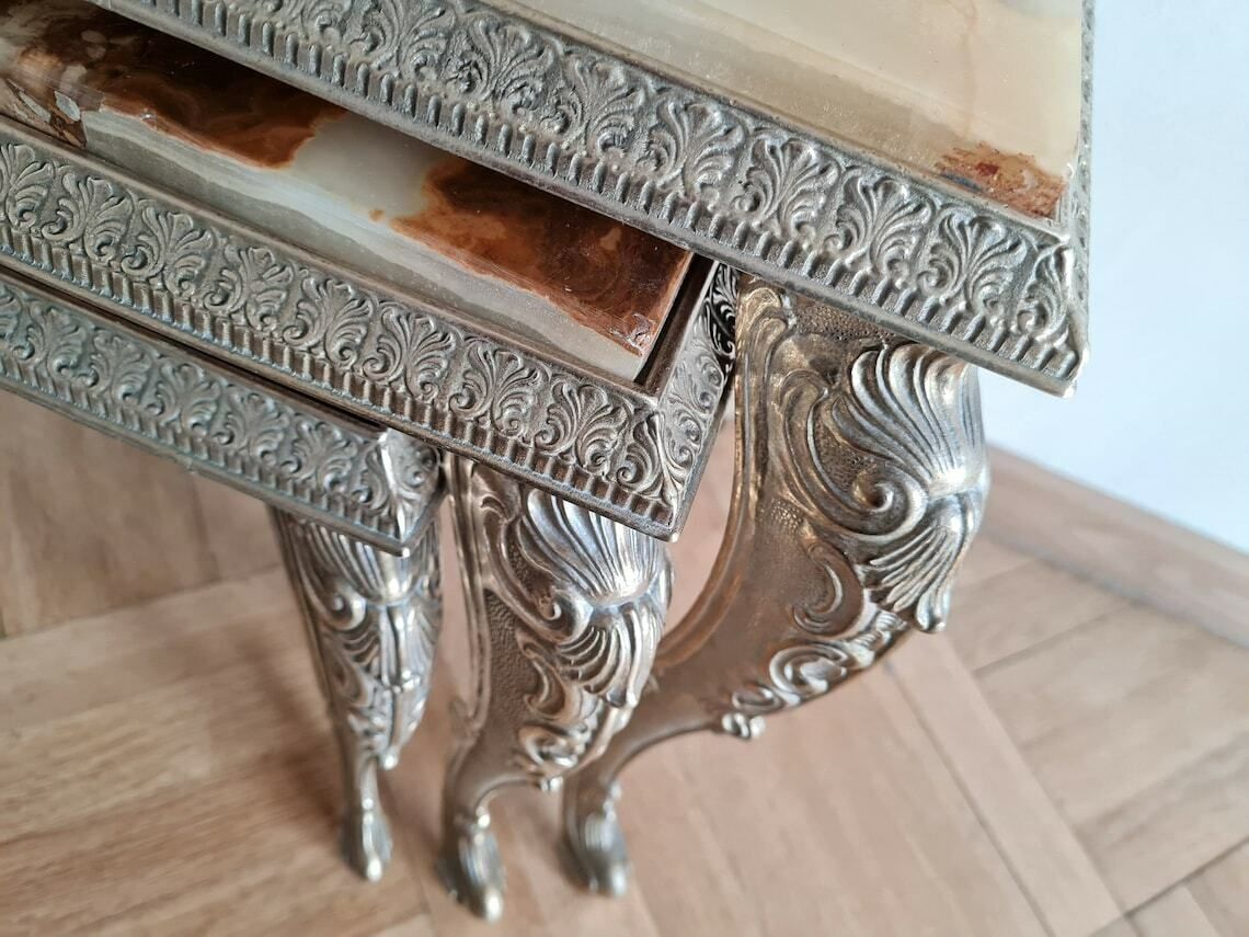 Vintage Mid Century Modern Nesting Set Of Three Brass And Onyx Tables Made In Italy photo Furniture