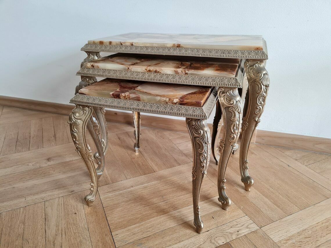 Vintage Mid Century Modern Nesting Set Of Three Brass And Onyx Tables Made In Italy photo 923.0