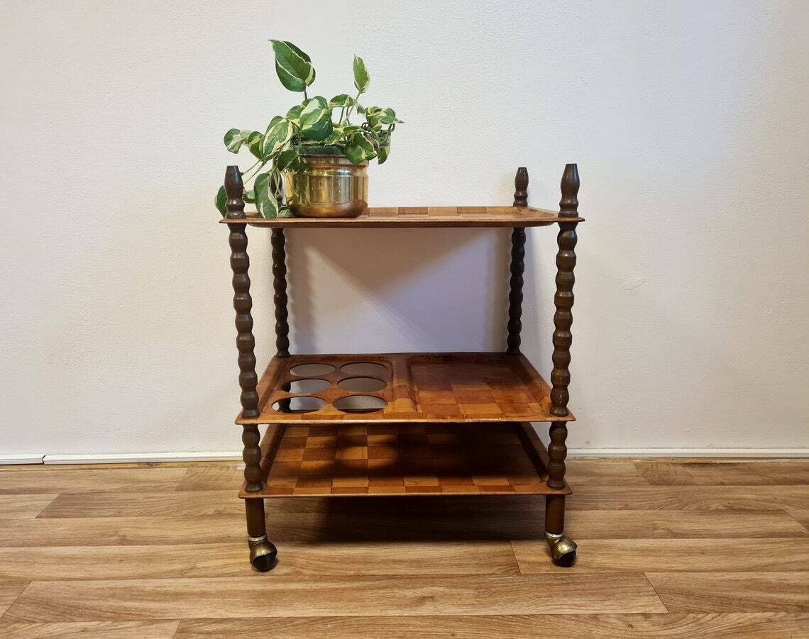 Vintage Mid Century Modern Trolley Table Of Pressed Wood Veneer. Mcm Wheels Bar Cart
