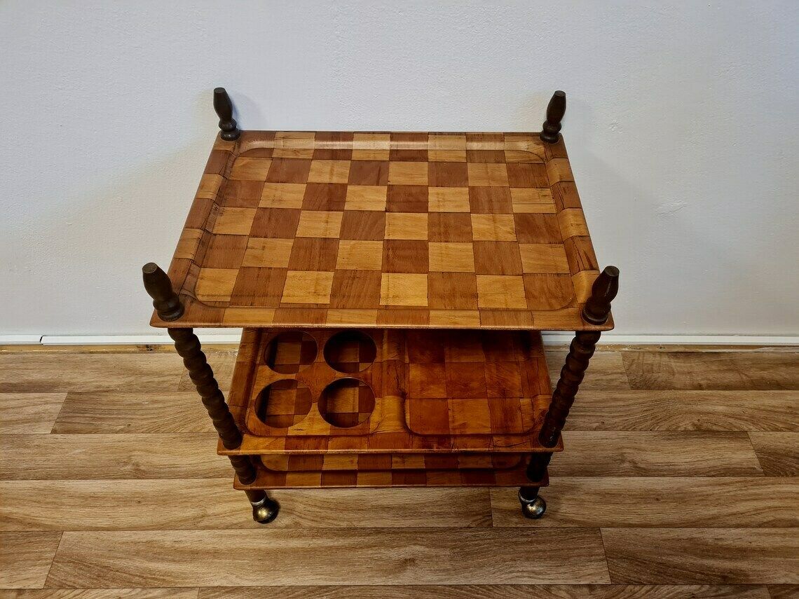 Vintage Mid Century Modern Trolley Table Of Pressed Wood Veneer. Mcm Wheels Bar Cart photo vintage