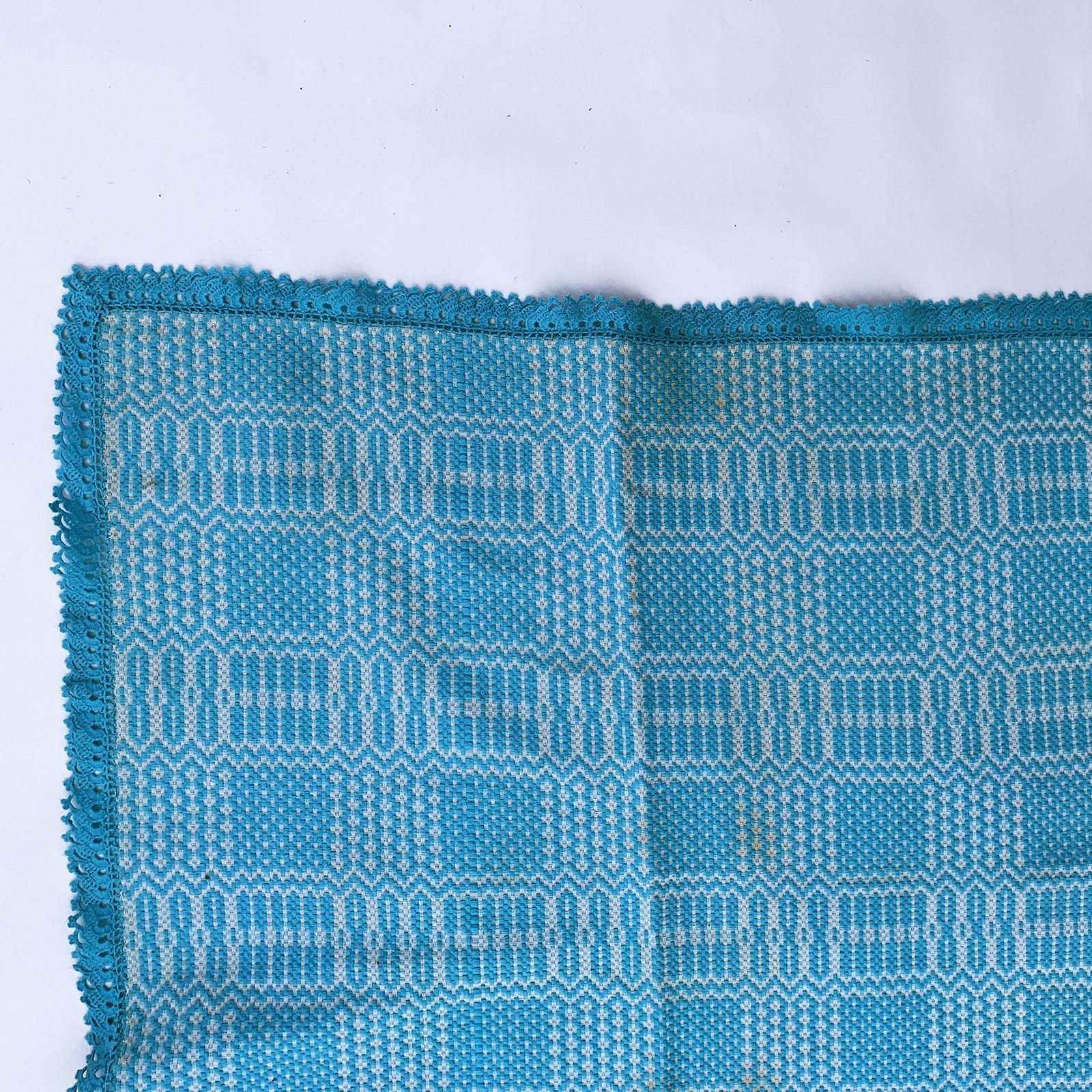 Baby Blue Throw Blanket 1960s Handmade Cotton Mid Century photo for sale
