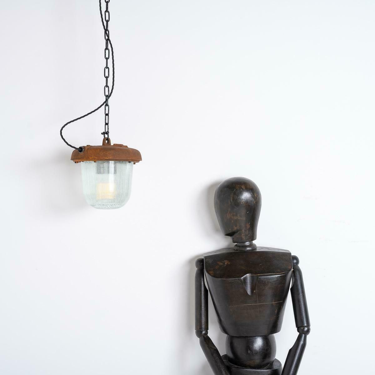 Reclaimed Rusted Polish Industrial Pendant Lights With Prismatic Glass photo for sale