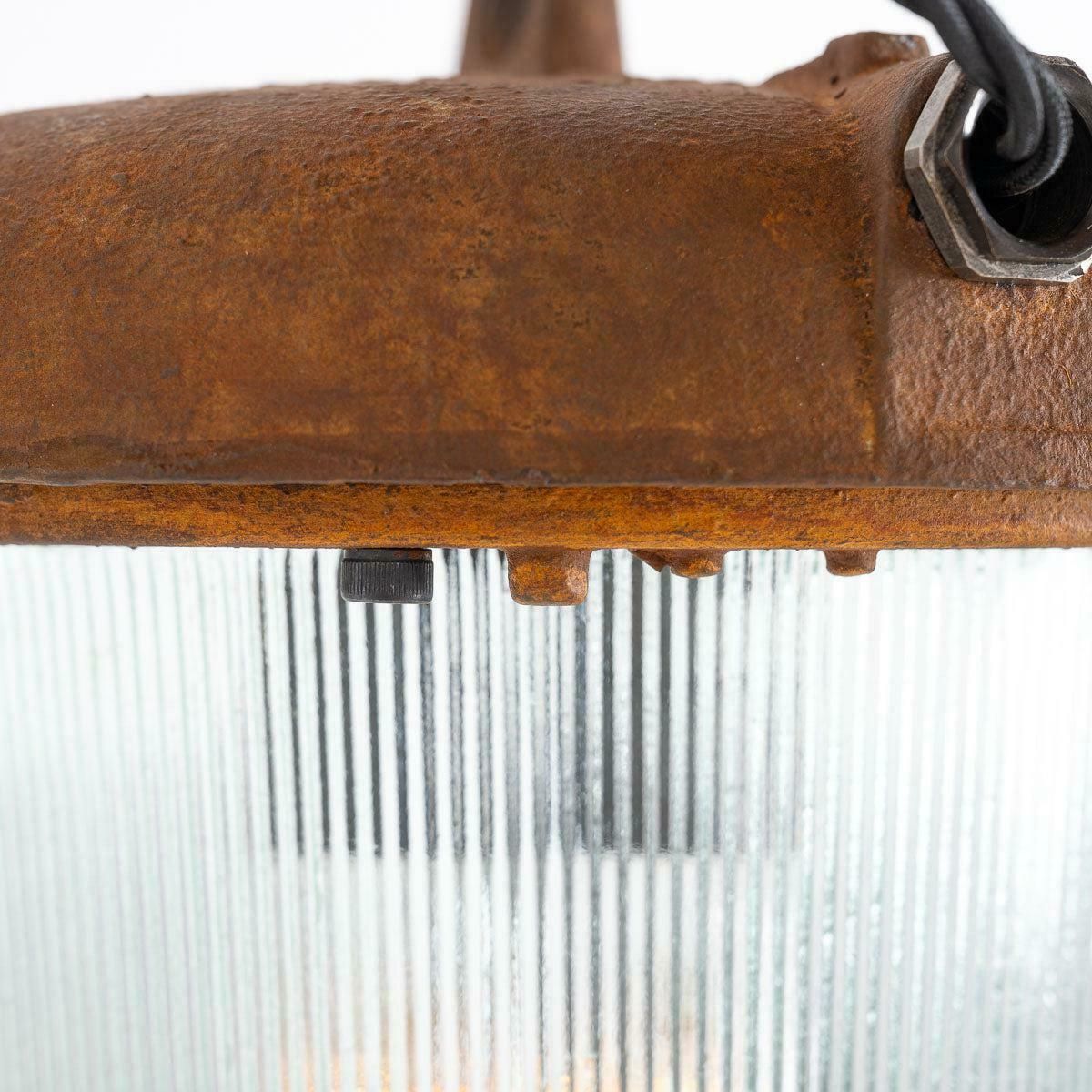 Lighting Reclaimed Rusted Polish Industrial Pendant Lights With Prismatic Glass photo