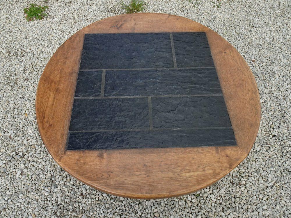 Large Brutalist Oak & Stone Inlay Coffee Table, 1970s photo buy