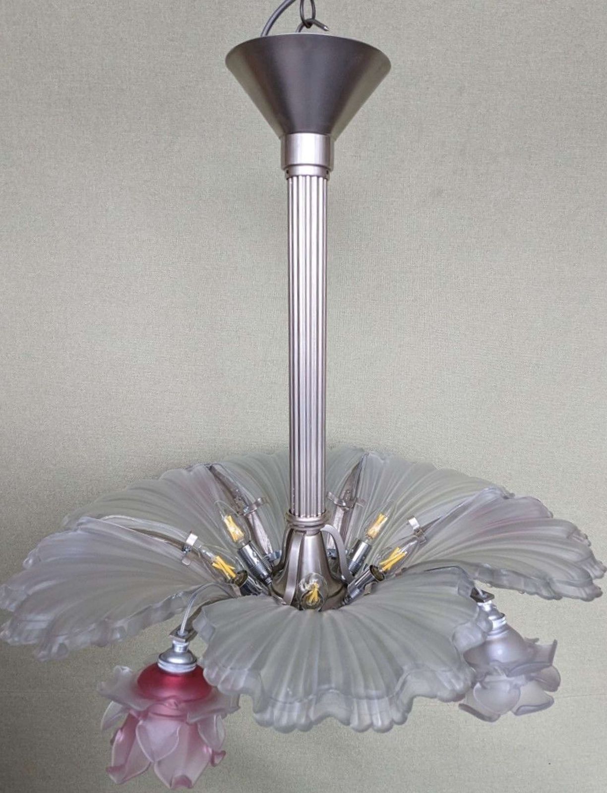 French Art Deco Frosted Glass And Brushed Nickel 12 Light Chandelier photo for sale