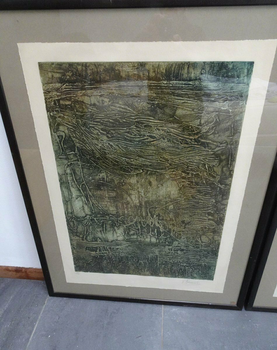 Compositions, 1970s, Large Aquatint Etchings, Framed, Set Of 2 photo buy