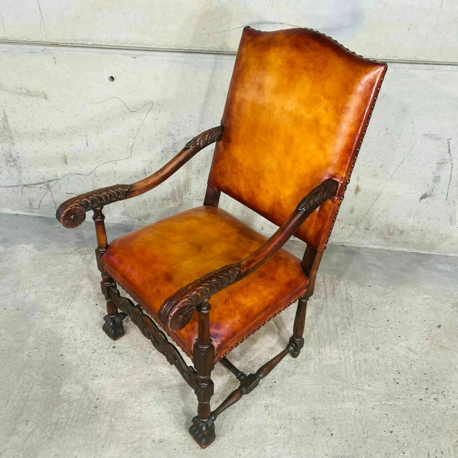 Cromwellian Revival Carved Oak And Leather Armchair Carver Chair photo vintage