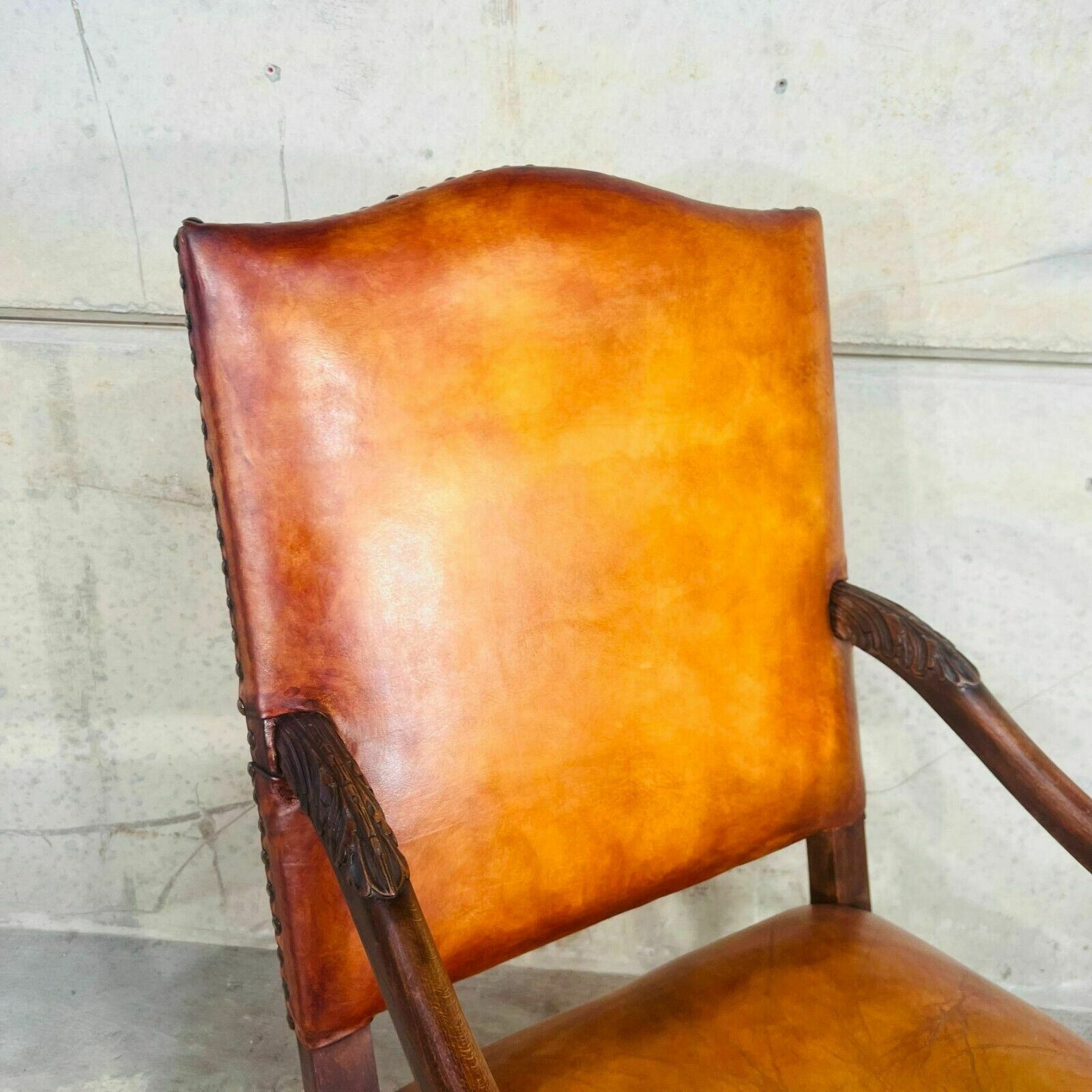 photo for sale Cromwellian Revival Carved Oak And Leather Armchair Carver Chair