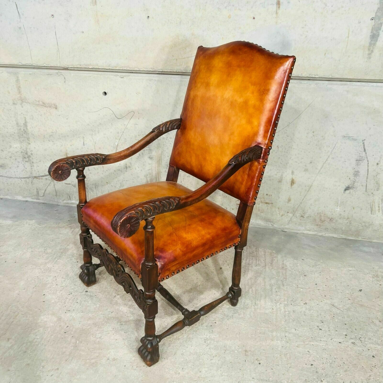 photo vinterior Cromwellian Revival Carved Oak And Leather Armchair Carver Chair