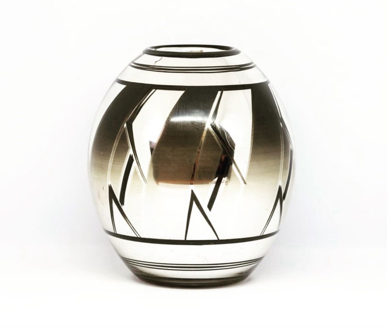 French Art Deco Glass Oviform Vase, Silver & Black Geometric Design photo vintage
