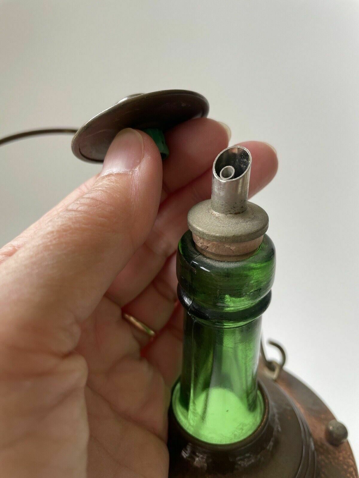 Green Glass & Copper Lantern/Decanter Reuge Made In Switzerland Music Box photo vintage