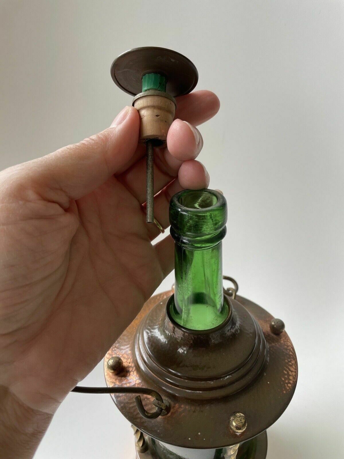 photo for sale Green Glass & Copper Lantern/Decanter Reuge Made In Switzerland Music Box