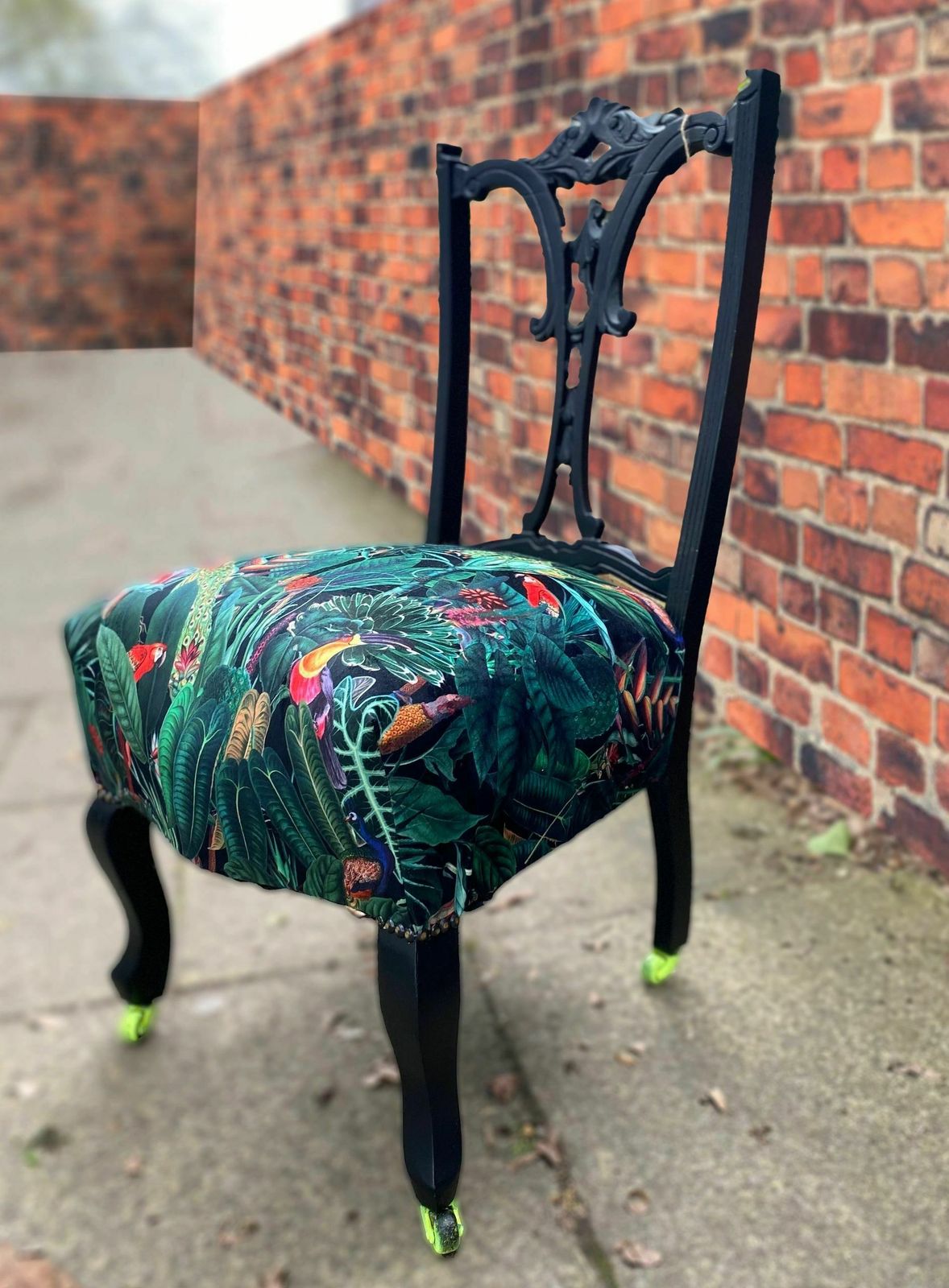 Victorian Nursing Chair Reupholstered In Amazon Jungle Printed Velvet And Detailed With 18ct Gold Leaf photo buy