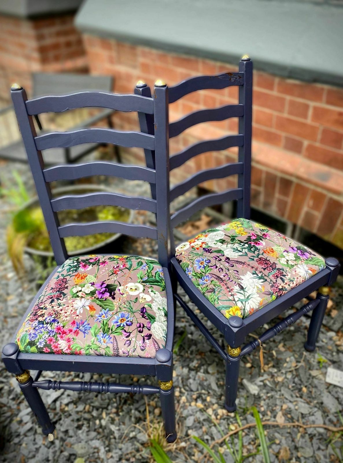 Lavender Indoor Mid Century Ladder Back Floral Garden Print Chairs (Pair) photo vintage