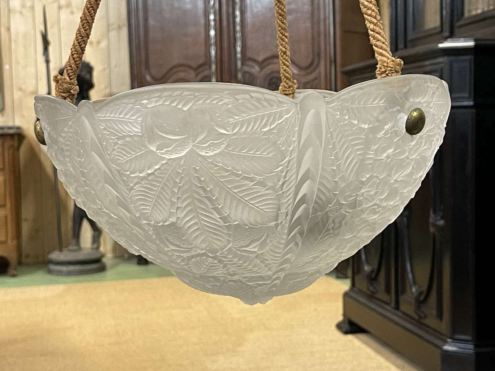 Hanging Lamp In White Glass From The Art Deco Period In The Lalique Style photo furniture