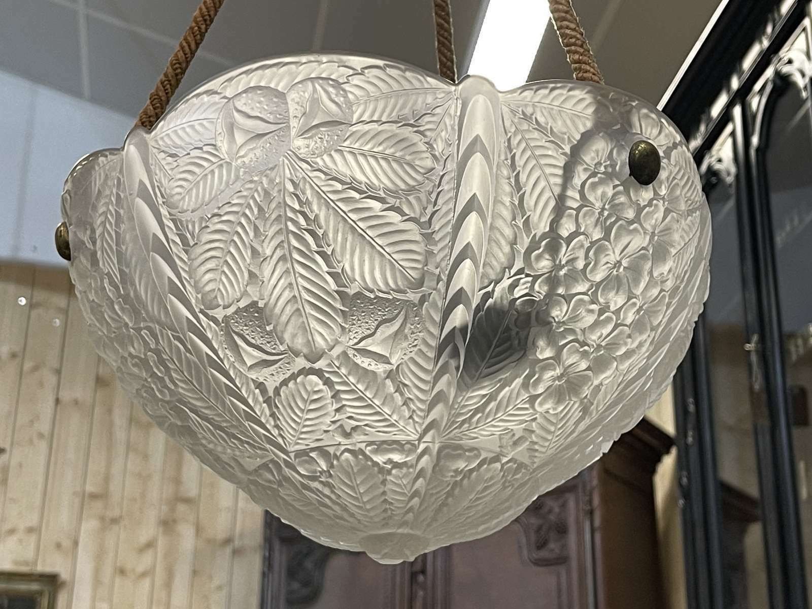 photo for sale Hanging Lamp In White Glass From The Art Deco Period In The Lalique Style