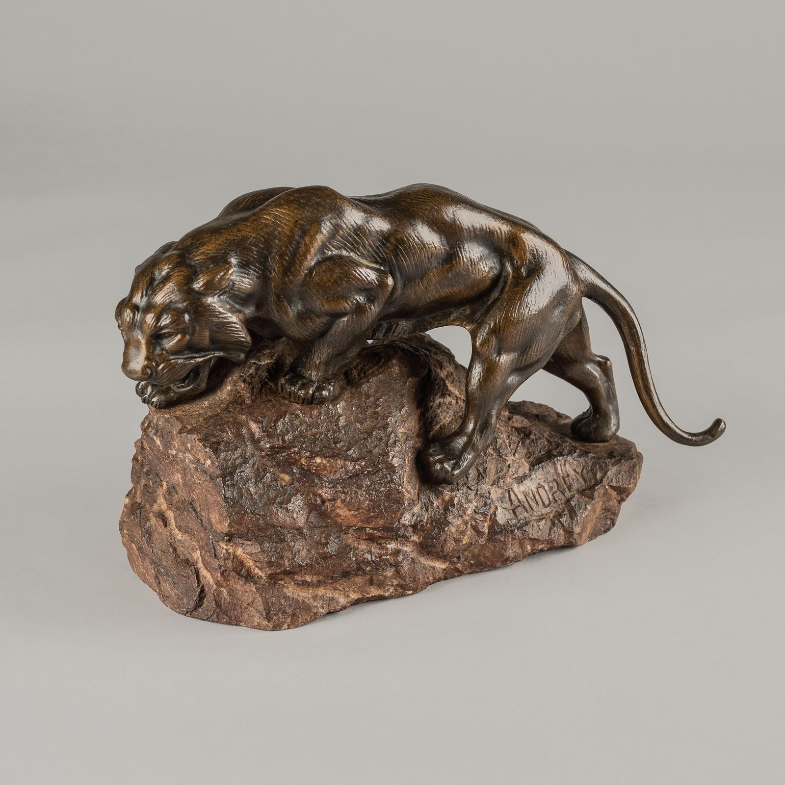 Large French Bronze Sculpture Of A Tiger Set On A Carved Marble Base Signed Andrey photo for sale