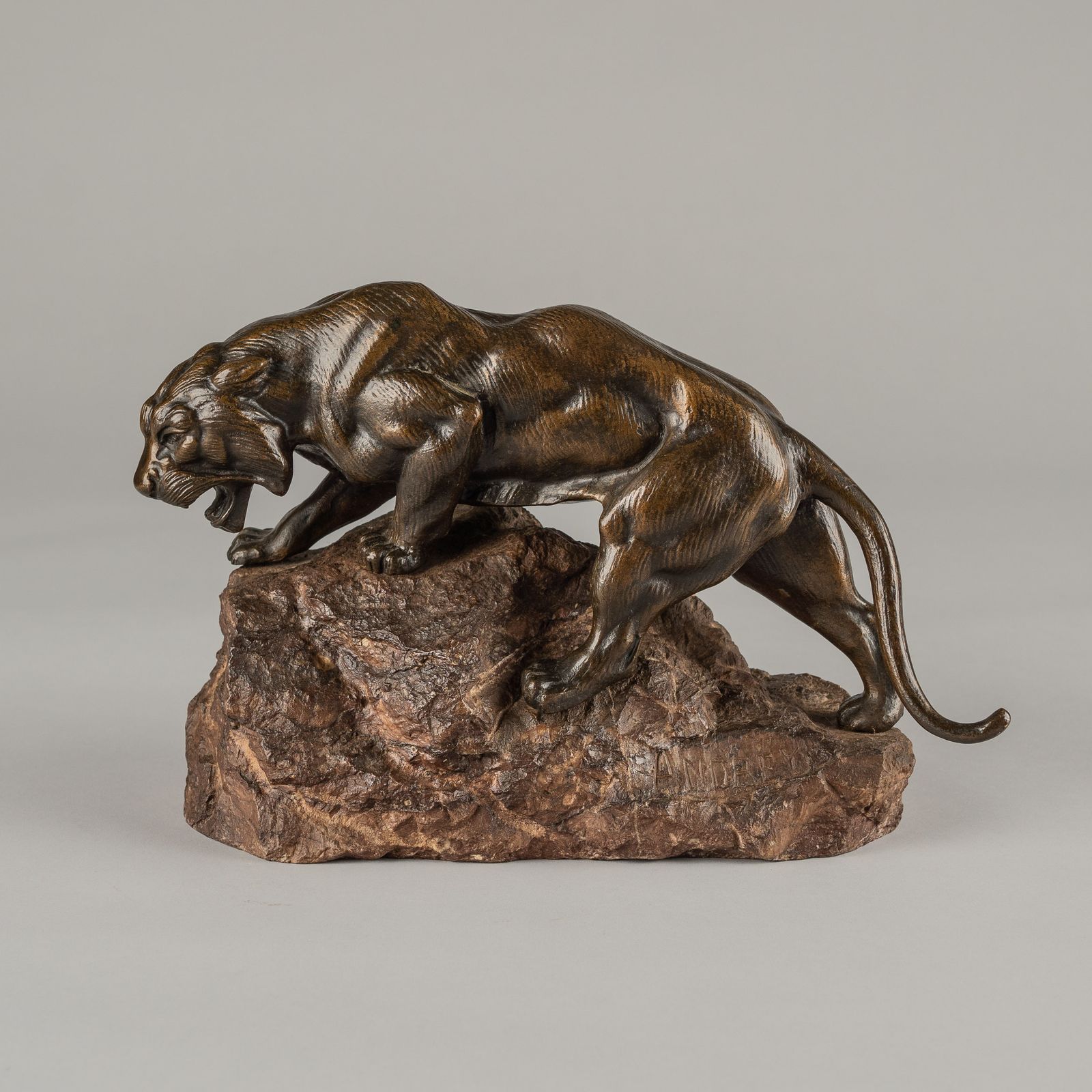 Large French Bronze Sculpture Of A Tiger Set On A Carved Marble Base Signed Andrey