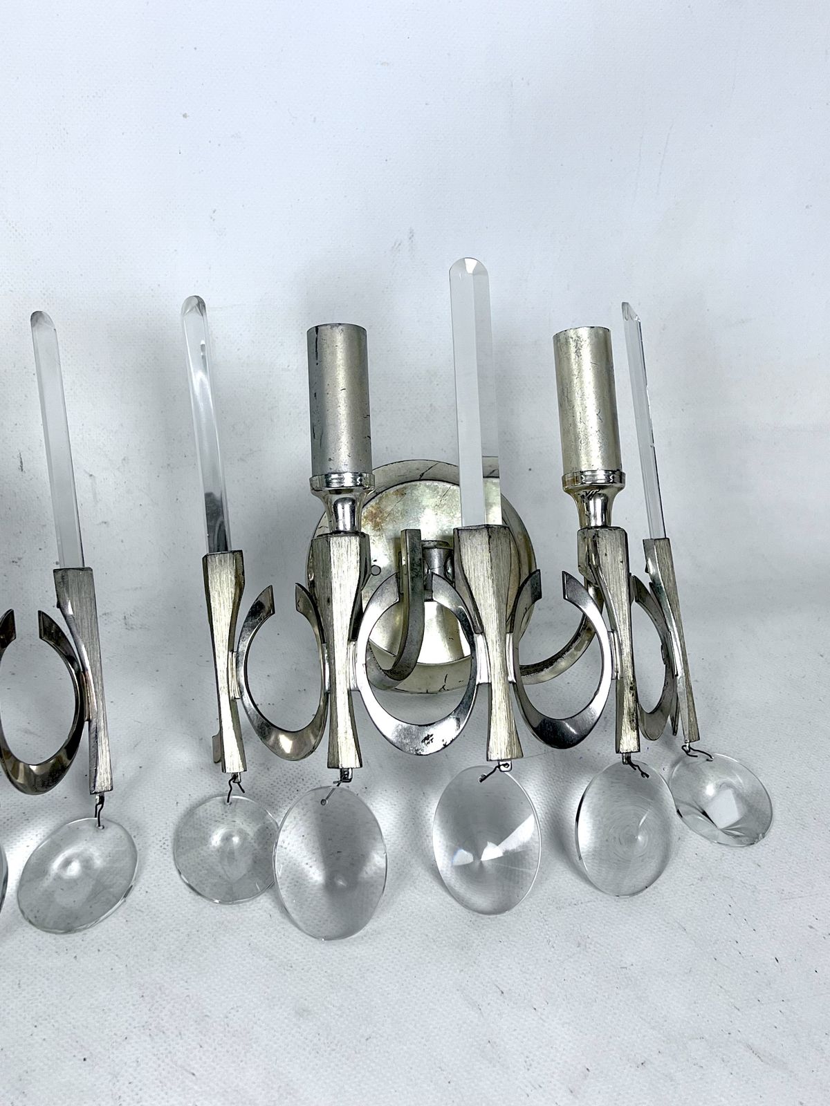Mid Century Nicheled Brass And Glass Sconces By Sciolari. Labeled. Italy 1960s photo for sale