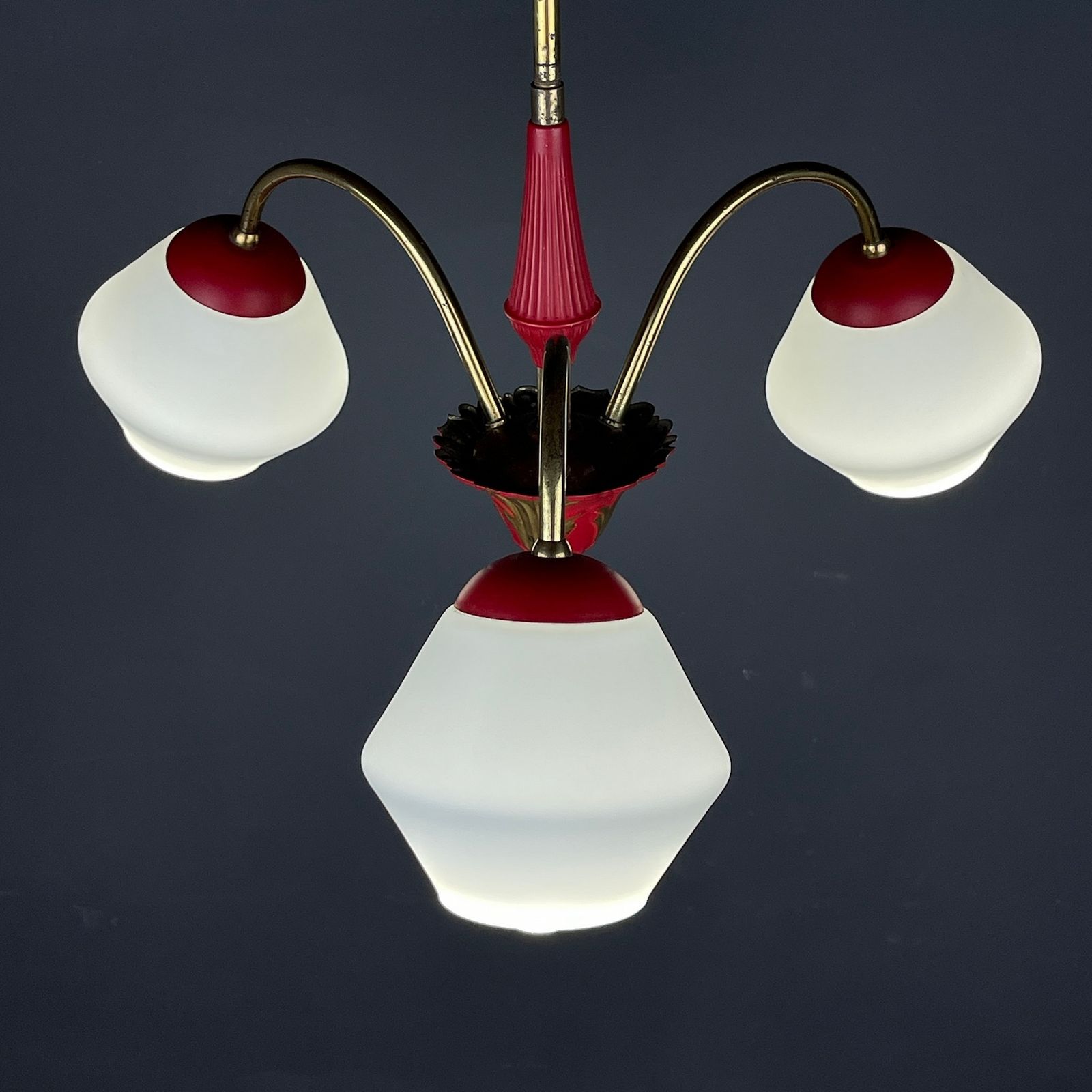 Vintage Italian Brass And Milky Glass 3 Arm Chandelier   1950s photo for sale