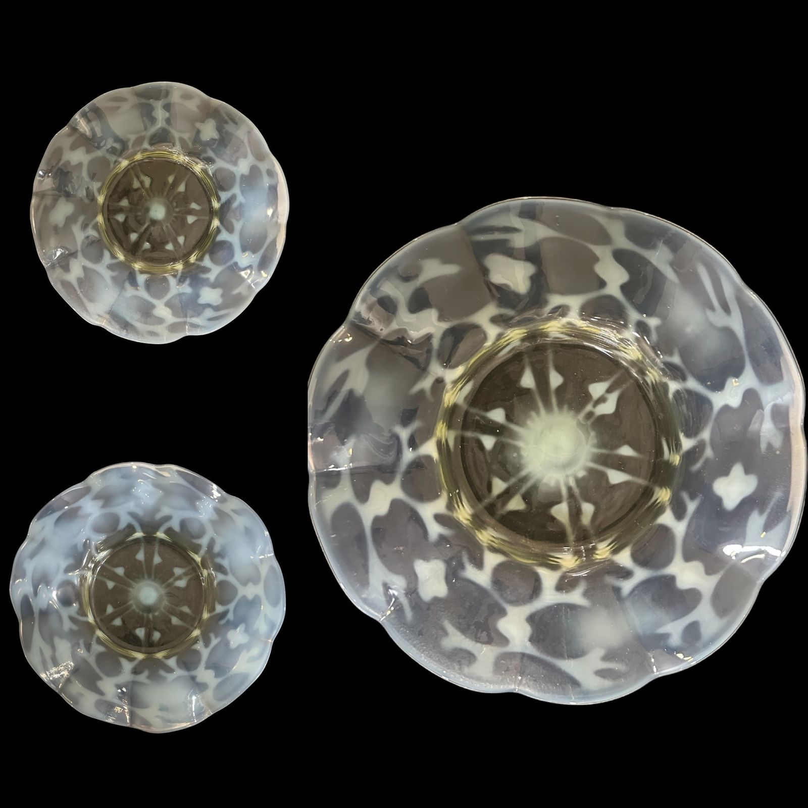 Set Of 3 John Walsh Walsh Art Nouveau Vaseline Glass Opaline Brocade Design Fluted Dishes, C.1900