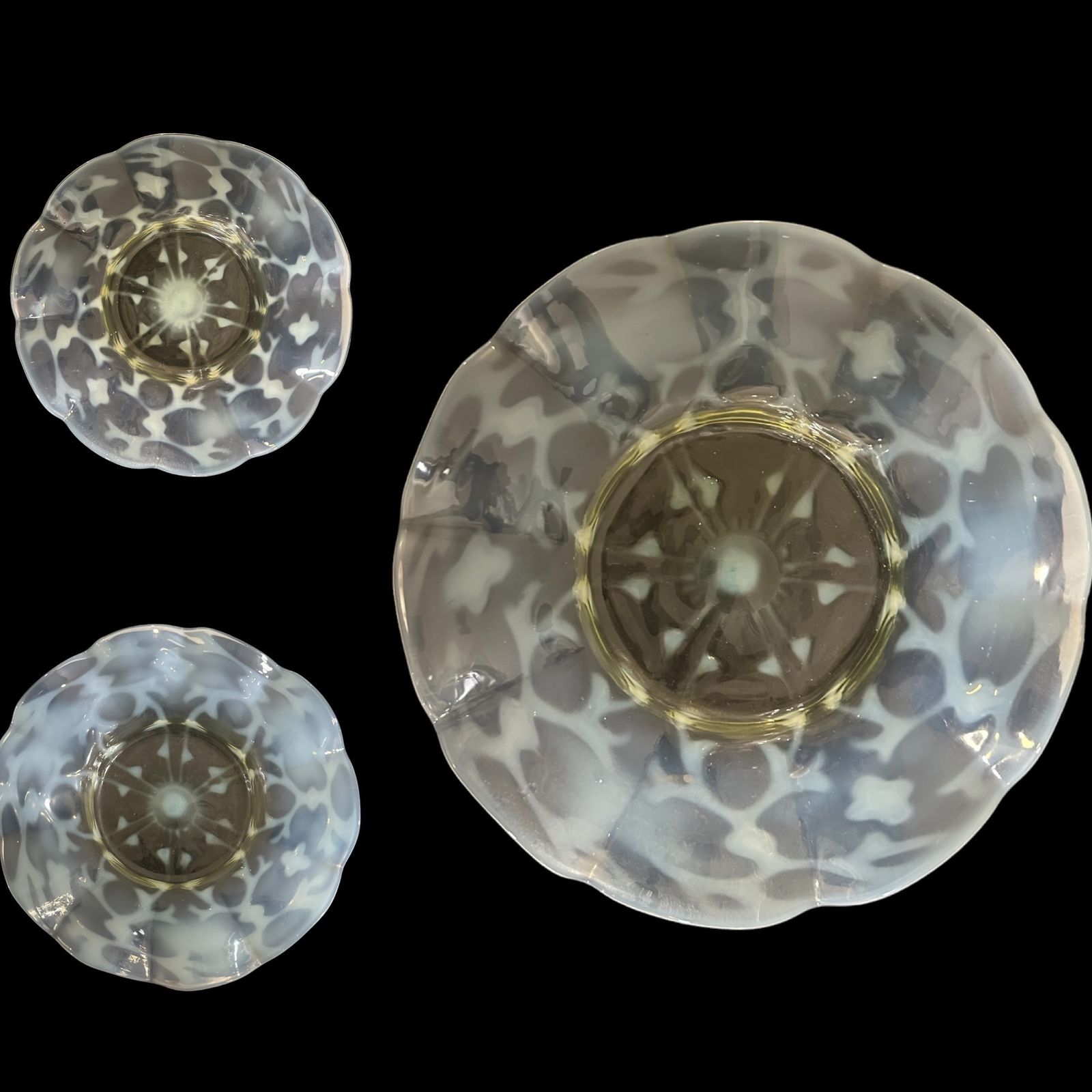 Set Of 3 John Walsh Walsh Art Nouveau Vaseline Glass Opaline Brocade Design Fluted Dishes, C.1900 photo vintage
