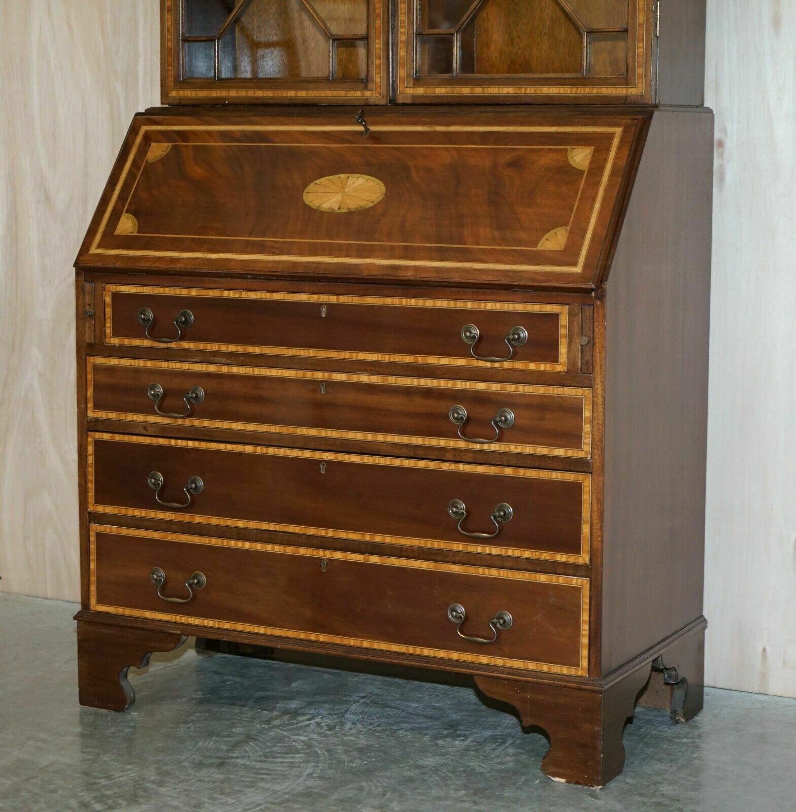 Antique Sheraton Revival Burea Bookcase Leather Top Mahogany Walnut & Satinwood photo for sale
