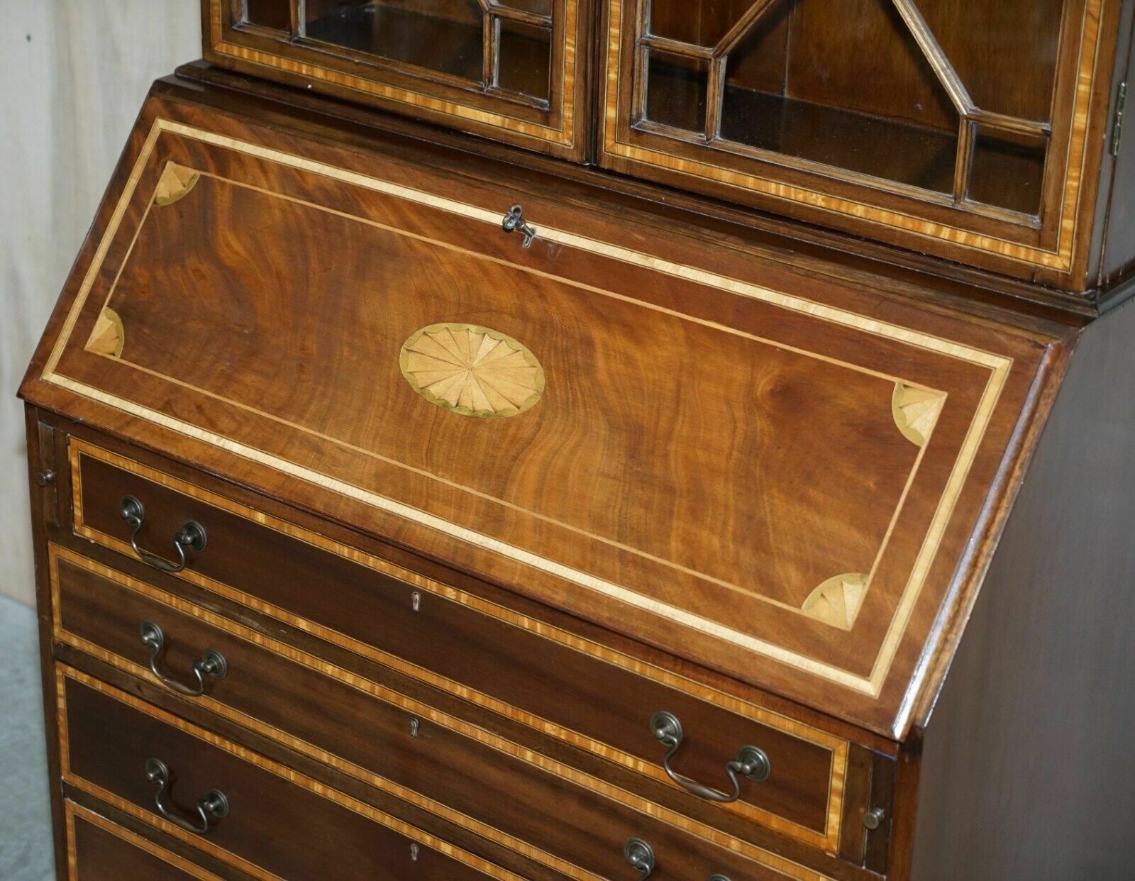 Antique Sheraton Revival Burea Bookcase Leather Top Mahogany Walnut & Satinwood photo Furniture