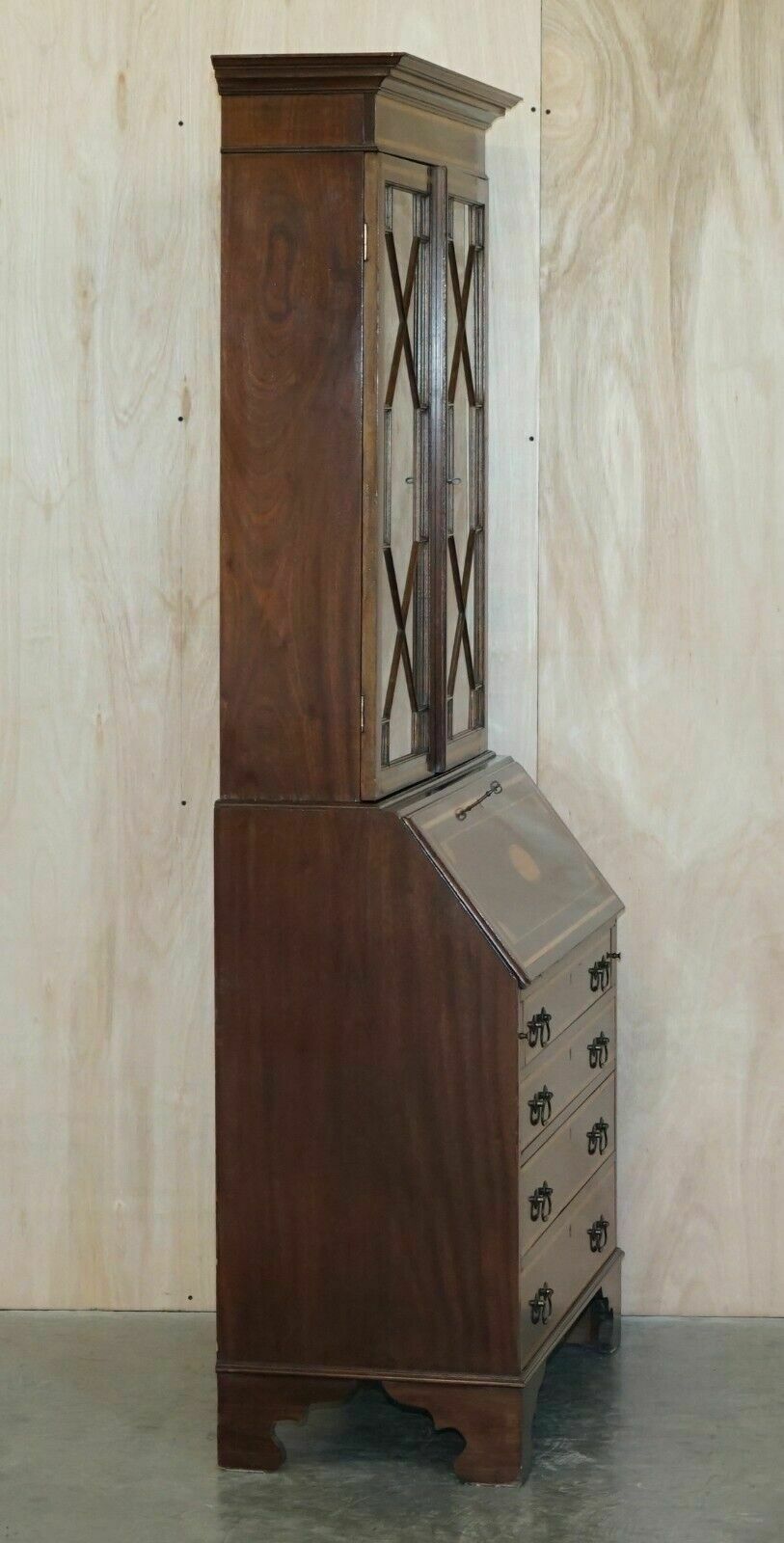 Antique Sheraton Revival Burea Bookcase Leather Top Mahogany Walnut & Satinwood photo buy