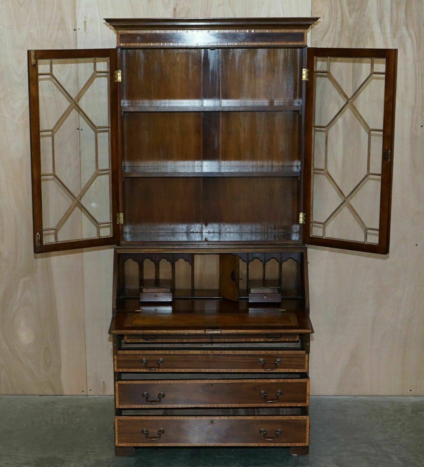 Furniture Antique Sheraton Revival Burea Bookcase Leather Top Mahogany Walnut & Satinwood photo