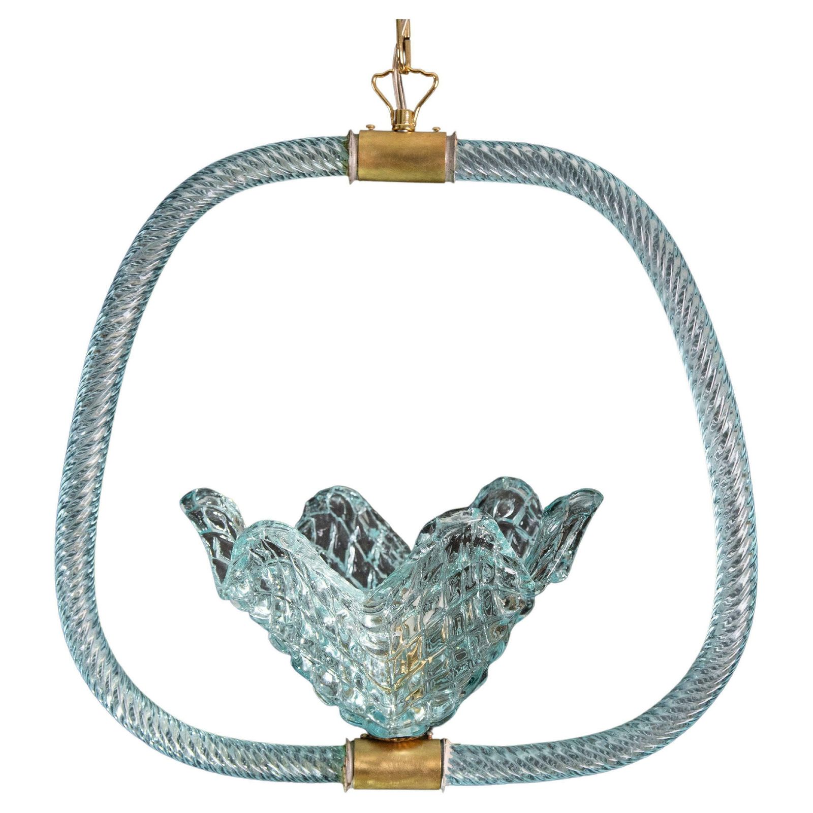 Elegant Blue Art Decò Barovier E Toso Pendant Light, Murano Glass, 1940s