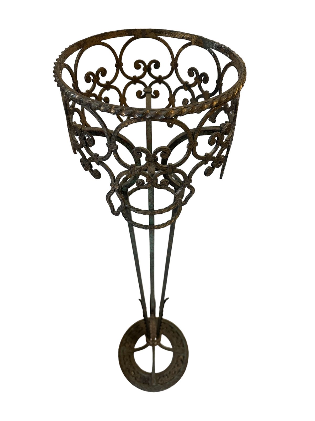 Oscar Bach Renaissance Revival Patinated Wrought Iron And Copper Plant Stand C.1910