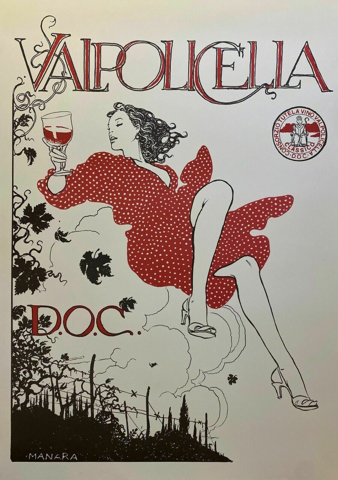 Milo Manara, 1980 Ca   Valpolicella   Original Vintage Affiche Cm 100 X 70