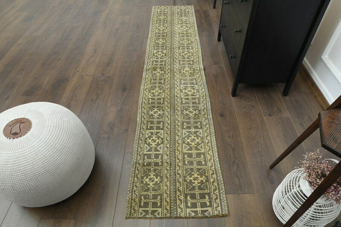 2x9 Vintage Turkish Oushak Narrow Runner, Handmade Wool Carpet, Kitchen Hallway Rug, One Of A Kind, Anatolian, Farmhouse Decor, Patchwork