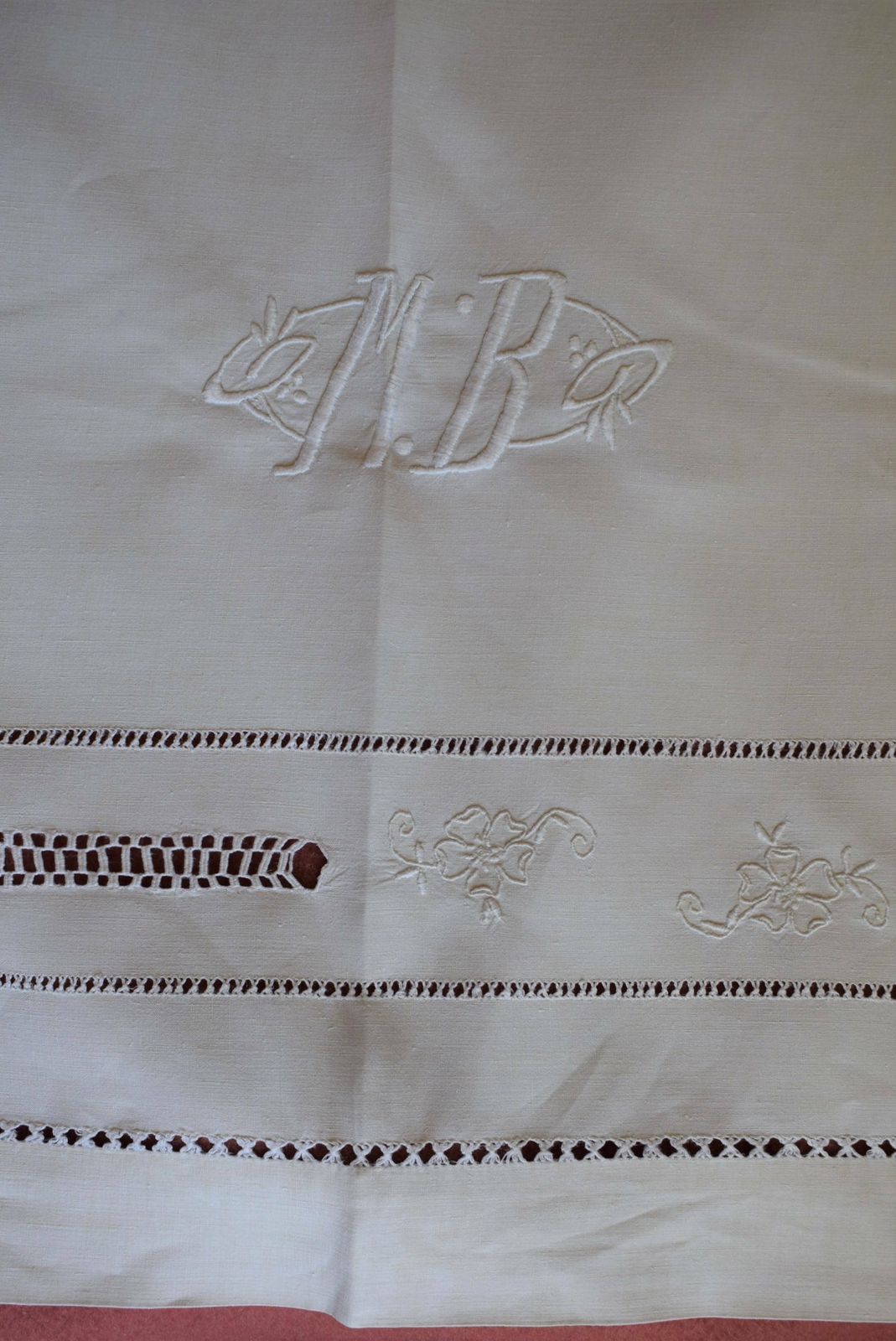 Hand Embroidered Metis Linen Dowry Sheet, Monogram M.B, Antique French Floral Embroidery Ladderwork, Trousseau Sheet photo furniture