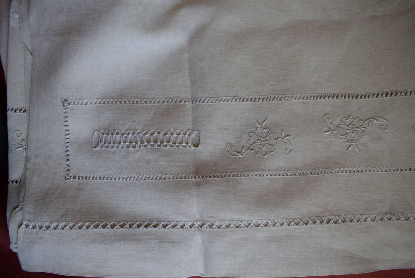 Hand Embroidered Metis Linen Dowry Sheet, Monogram M.B, Antique French Floral Embroidery Ladderwork, Trousseau Sheet photo for sale