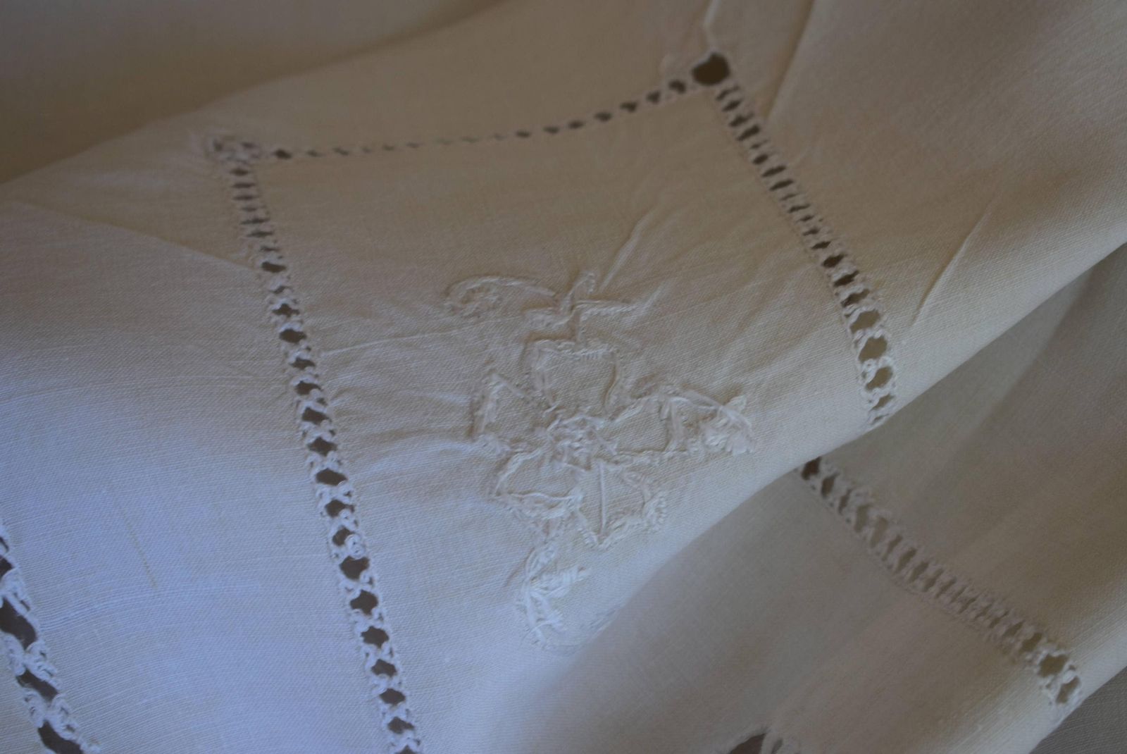 photo for sale Hand Embroidered Metis Linen Dowry Sheet, Monogram M.B, Antique French Floral Embroidery Ladderwork, Trousseau Sheet