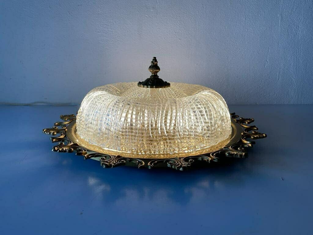 Mid Century Modern Ice Glass & Flower Brass Design Large Ceiling Or Wall Lamp, 1960s, Germany photo Lighting
