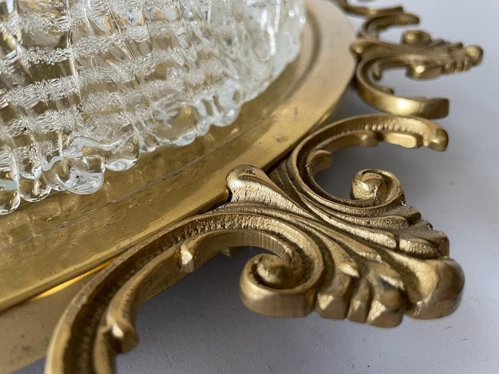 Mid Century Modern Ice Glass & Flower Brass Design Large Ceiling Or Wall Lamp, 1960s, Germany photo buy
