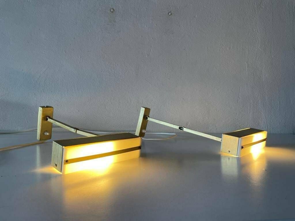 Mid Century Gold Metal And White Plexiglass Pair Of Sconces With Adjustable Arms By Paul Neuhaus Leuchten, 1950s, Germany
