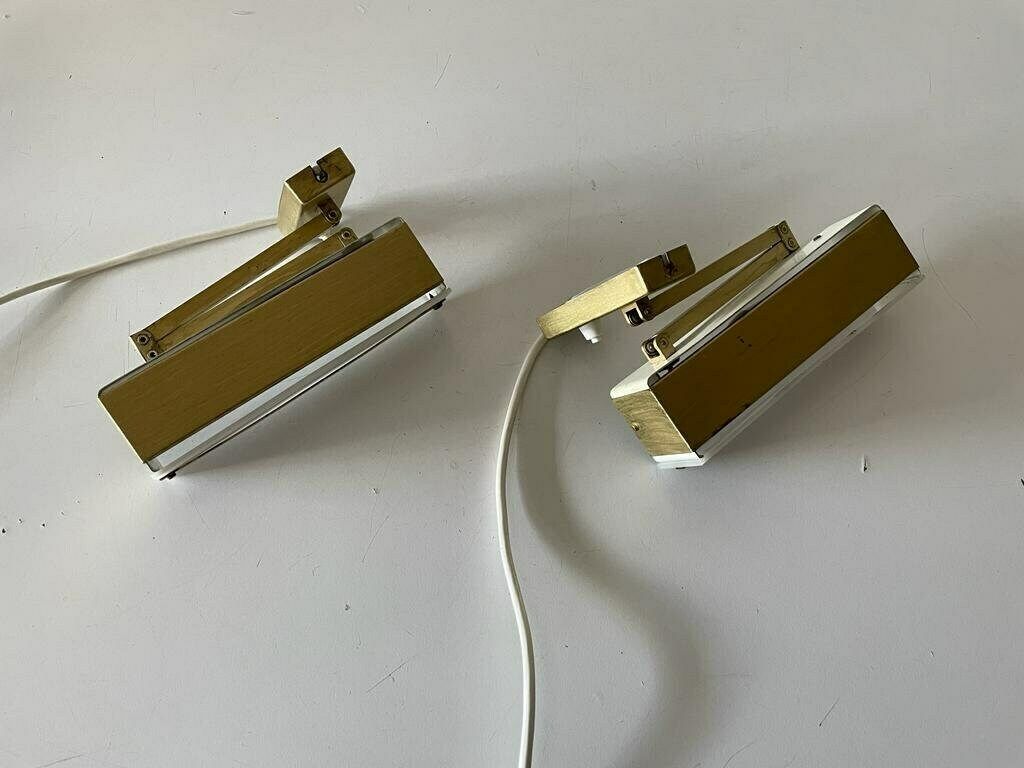 Mid Century Gold Metal And White Plexiglass Pair Of Sconces With Adjustable Arms By Paul Neuhaus Leuchten, 1950s, Germany photo vintage