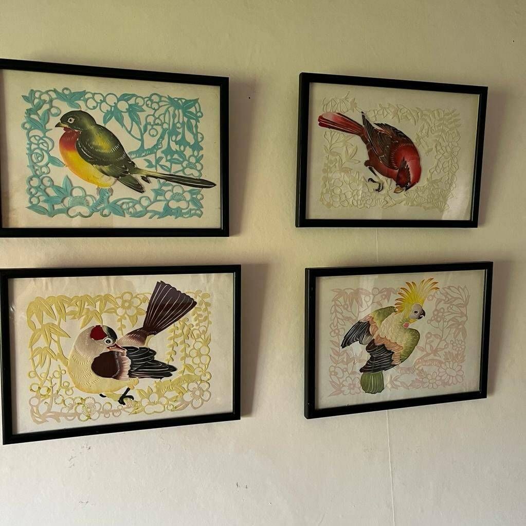 Set Of 4 Vintage Paper Cut Birds / Framed Art /Art