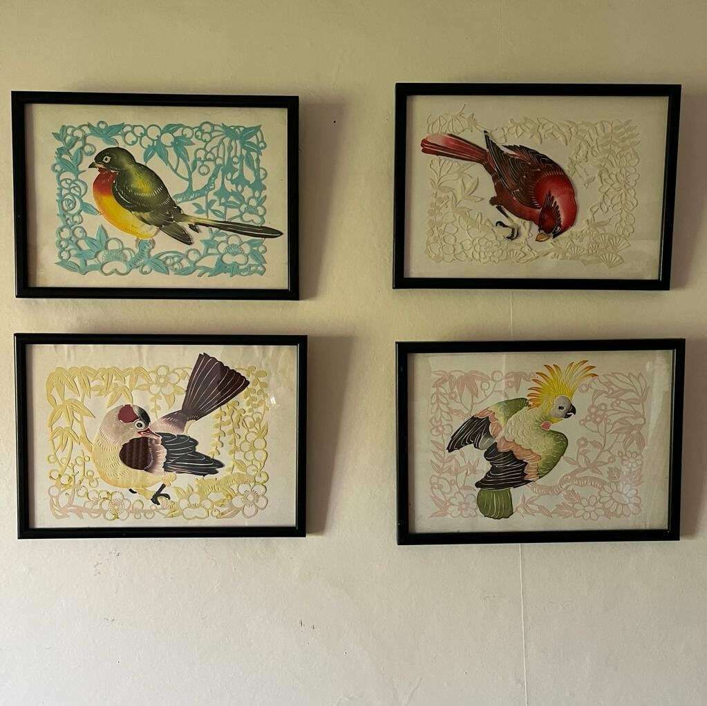 photo for sale Set Of 4 Vintage Paper Cut Birds / Framed Art /Art
