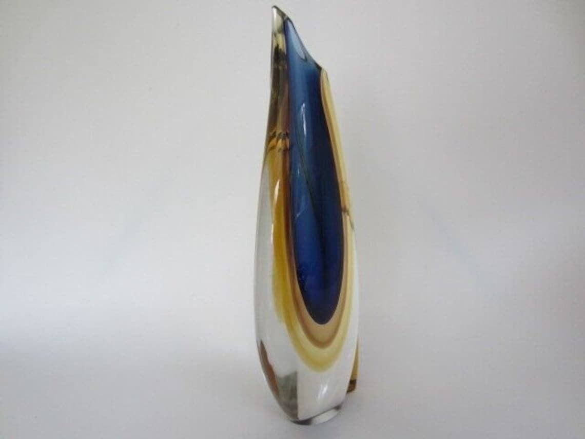 Murano Sommerso Italian Handmade Blue, Yellow, And Clear Crystal Xl Vase + Label photo vinterior