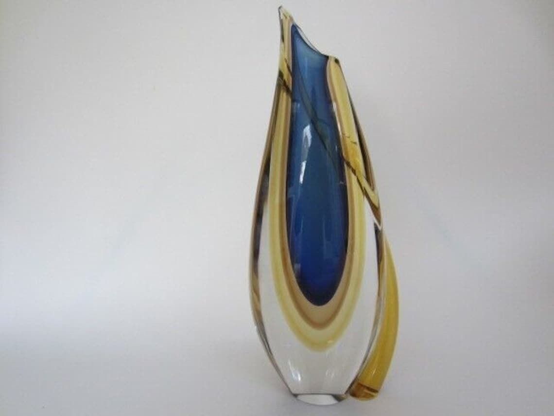 Murano Sommerso Italian Handmade Blue, Yellow, And Clear Crystal Xl Vase + Label photo buy
