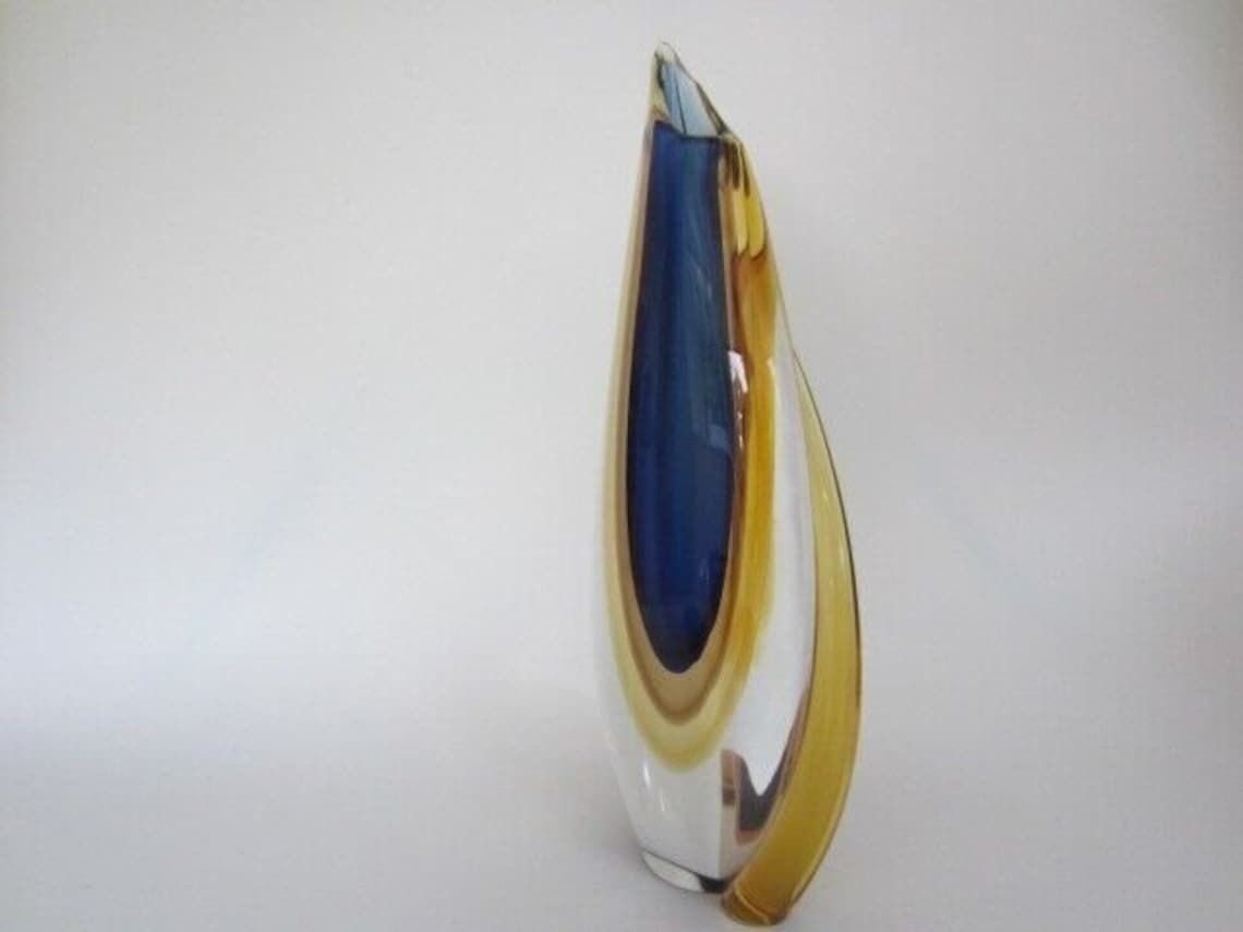 photo furniture Murano Sommerso Italian Handmade Blue, Yellow, And Clear Crystal Xl Vase + Label