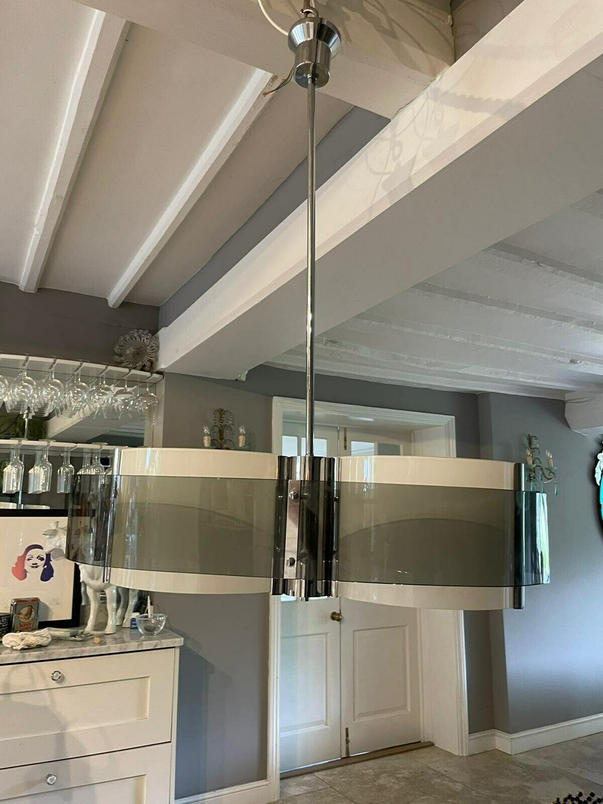 Vintage Mid Century Modern 1970s Glass And Chrome Italian Hanging Light