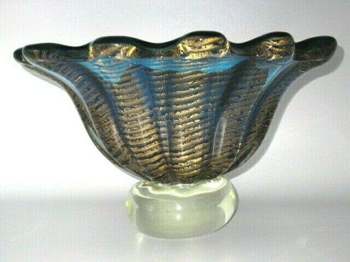 Xxl 4kg 50s Blue 24k Art Glass Fruit Bowl Barovier Toso Round Murano Cordonato Doro Rare photo vintage