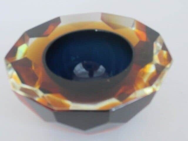 Murano Honeycomb Faceted Blue In Amber In Gold Space Age Diamond Cut Round Bowl