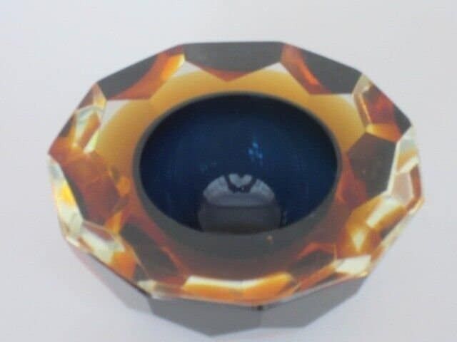 Murano Honeycomb Faceted Blue In Amber In Gold Space Age Diamond Cut Round Bowl photo buy